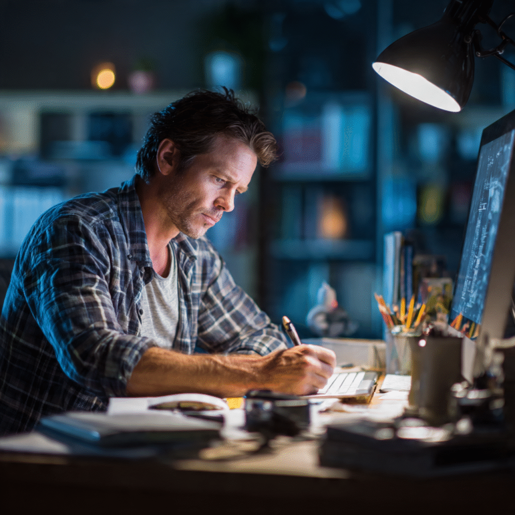 Man Sitting at His Desk Writing Articles on his Computer