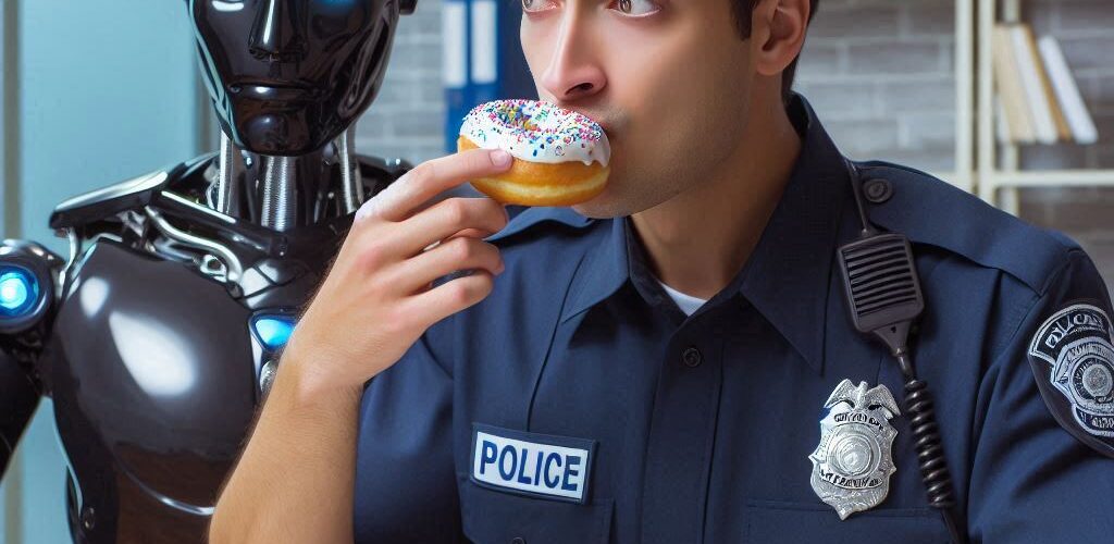 Policeman Eating a Donut at The Police Station While Studying Artificial Intelligence