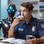 Policeman Eating a Donut at The Police Station While Studying Artificial Intelligence