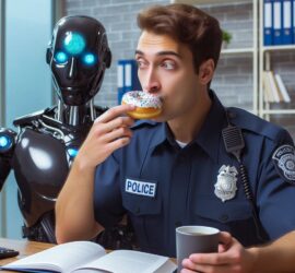 Policeman Eating a Donut at The Police Station While Studying Artificial Intelligence