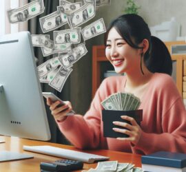 Woman Uploading Digital Files on Her Compter While the Computer Spits Out Cash