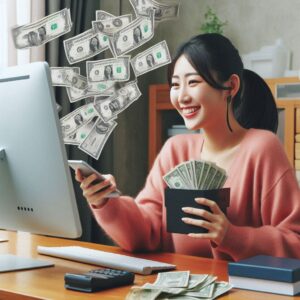 Woman Uploading Digital Files on Her Compter While the Computer Spits Out Cash