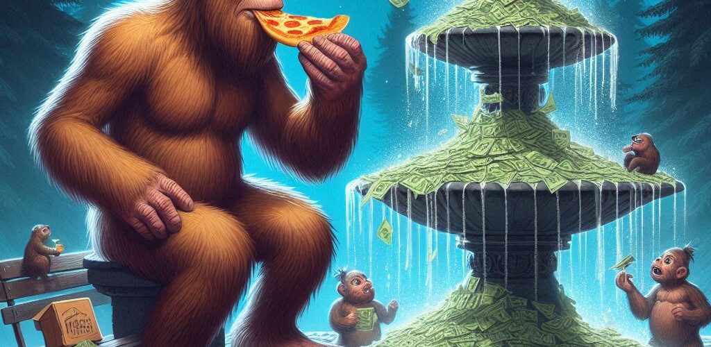 Bigfoot Eating a Pizza Next to a Fountain Spewing Out Cash