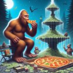 Bigfoot Eating a Pizza Next to a Fountain Spewing Out Cash