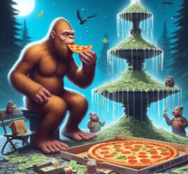 Bigfoot Eating a Pizza Next to a Fountain Spewing Out Cash