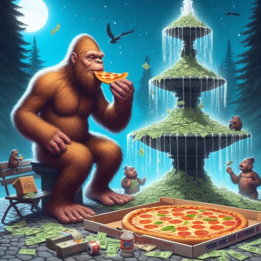 Bigfoot Eating a Pizza Next to a Fountain Spewing Out Cash