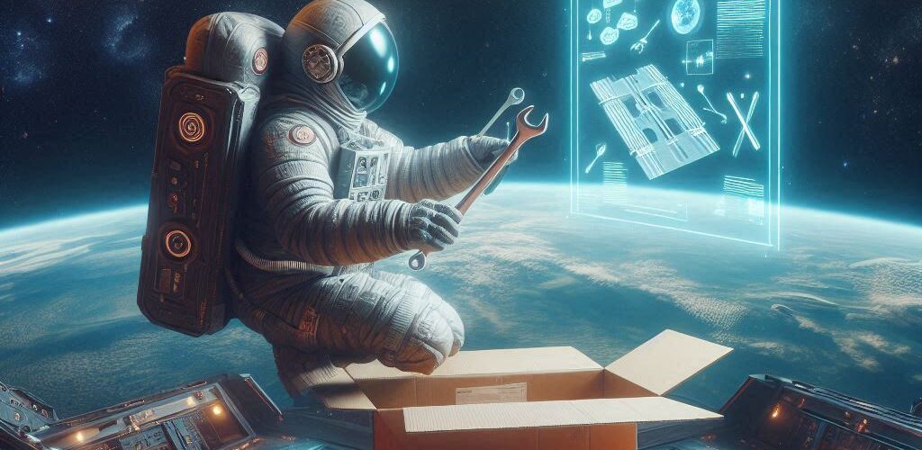 Man Assembling an Ikea Website on a Spaceship