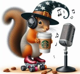 A Caffeinated Squirrel On Roller Skates Wearing a Wizard Hat Creating a Podcast