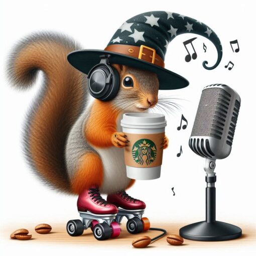 A Caffeinated Squirrel On Roller Skates Wearing a Wizard Hat Creating a Podcast