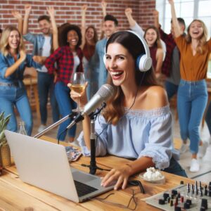 Happy Woman Doing a Podcast at a High School Reunion with Everyone Dancing