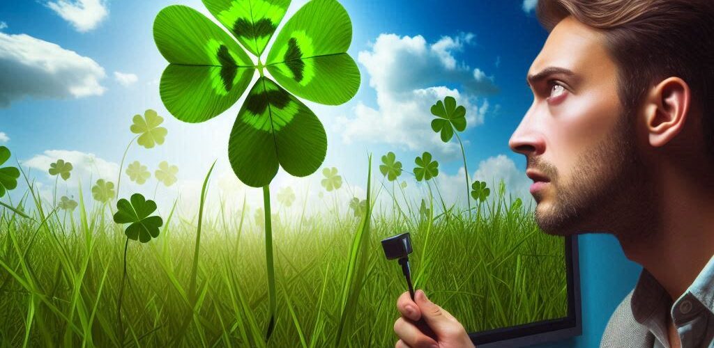 Man Looking for a Four-Leaf Clover on a Video Screen Filled with Grass