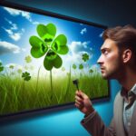 Man Looking for a Four-Leaf Clover on a Video Screen Filled with Grass