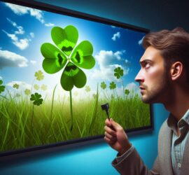 Man Looking for a Four-Leaf Clover on a Video Screen Filled with Grass