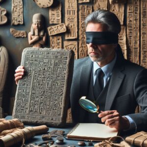 Man Deciphering Ancient Hieroglyphics While Blindfolded