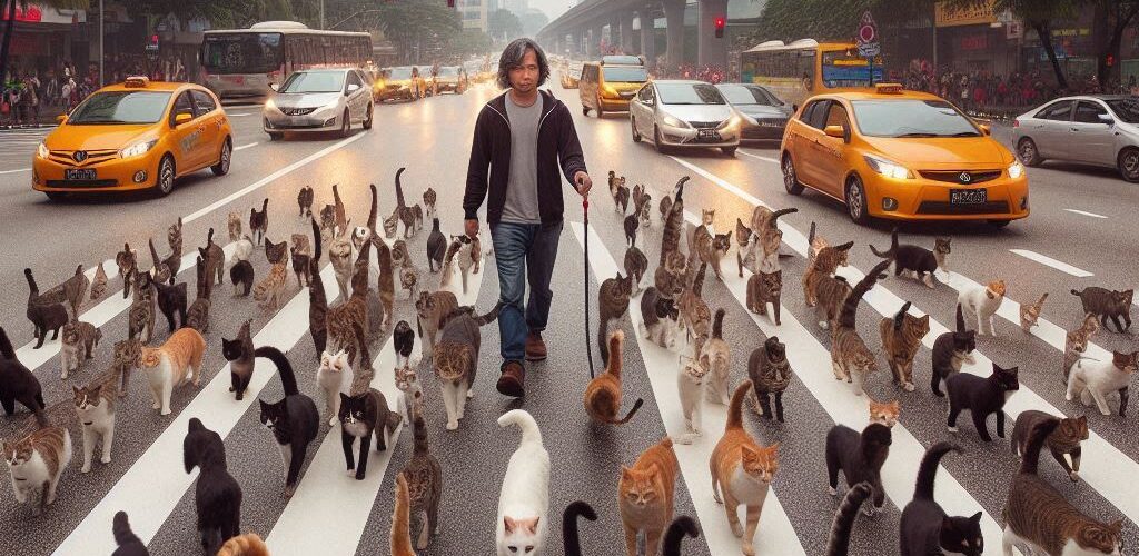 Man Hearding a Group of Cats in The Middle of Busy Traffic