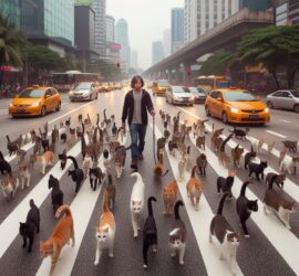 Man Hearding a Group of Cats in The Middle of Busy Traffic