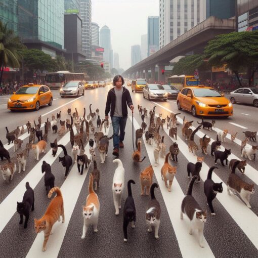 Man Hearding a Group of Cats in The Middle of Busy Traffic