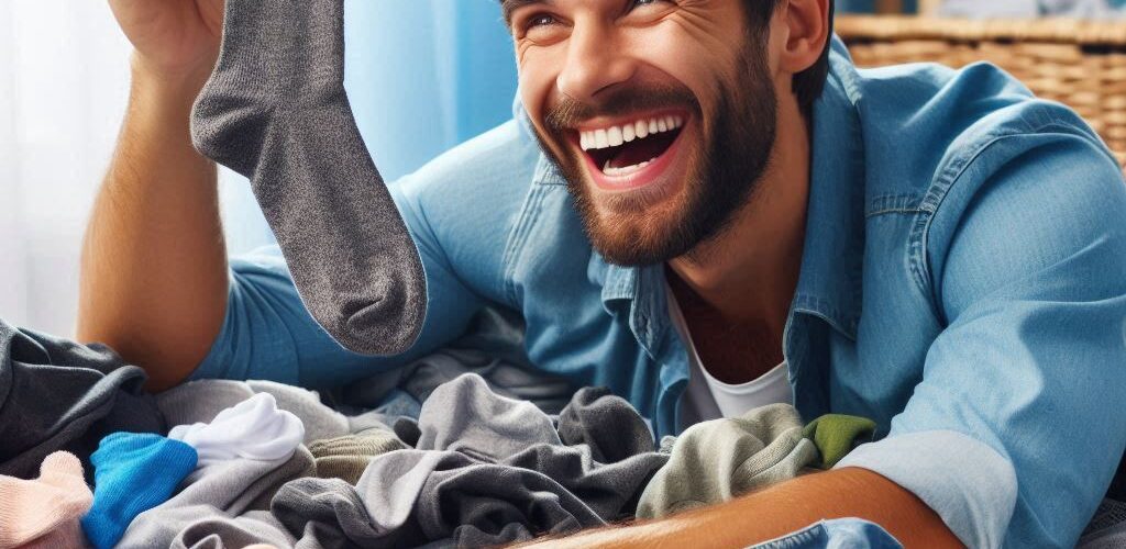 Happy Man Finding His Favorite Sock in A Mountain of Laundry