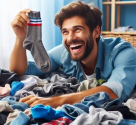 Happy Man Finding His Favorite Sock in A Mountain of Laundry