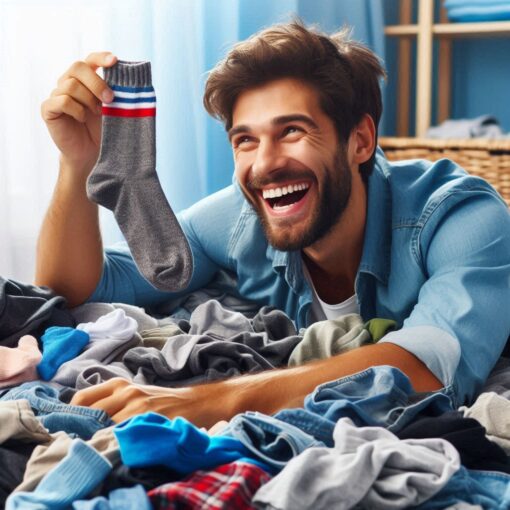 Happy Man Finding His Favorite Sock in A Mountain of Laundry