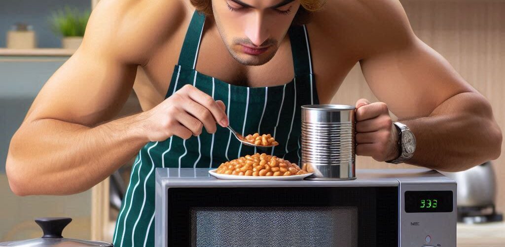 Man Cooking a Gourmet Meal with Only a Microwave and a Can of Beans