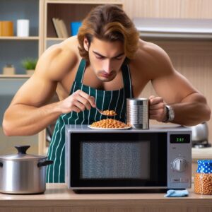 Man Cooking a Gourmet Meal with Only a Microwave and a Can of Beans