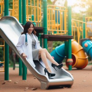 Doctor In Wearing Heels Sliding Down a Slide at the Playground