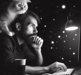 Man With Cat On Shoulder Staring Blankly at a Computer Screen