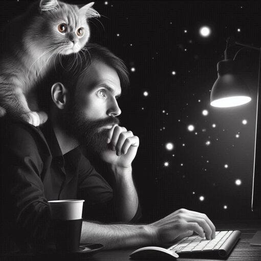 Man With Cat On Shoulder Staring Blankly at a Computer Screen