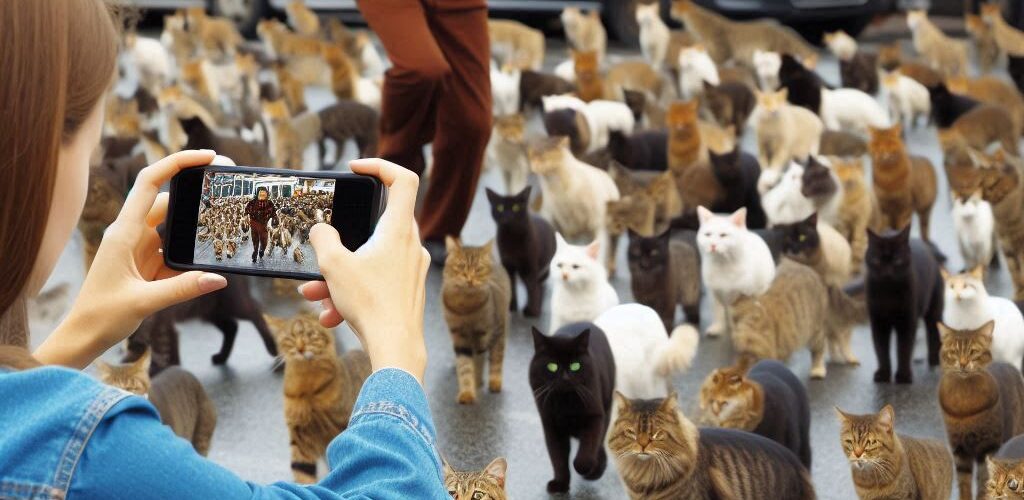 Woman Making a Video of a Man Herding Wild Cats on a Busy Street