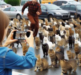 Woman Making a Video of a Man Herding Wild Cats on a Busy Street