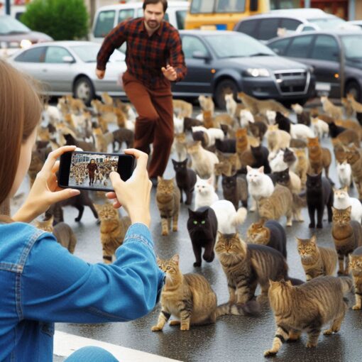 Woman Making a Video of a Man Herding Wild Cats on a Busy Street