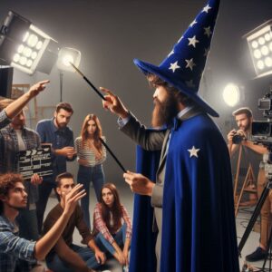 Man Wearing a Wizard Hat While Making a Movie