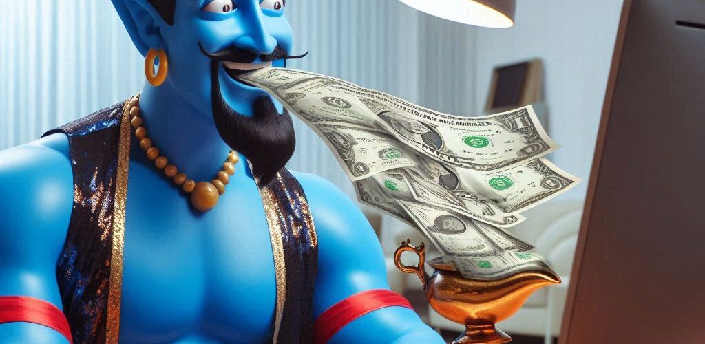 A Genie Sitting at a Computer and Spitting Cash Out of His Mouth