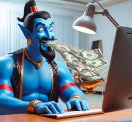 A Genie Sitting at a Computer and Spitting Cash Out of His Mouth