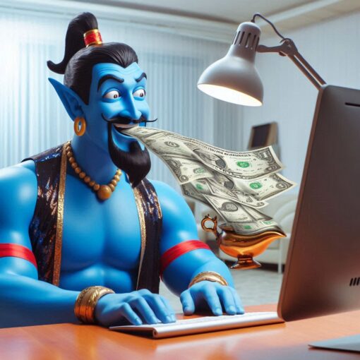 A Genie Sitting at a Computer and Spitting Cash Out of His Mouth