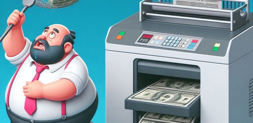 Fat Man Catching Money Next to a Machine That Prints Money