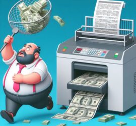 Fat Man Catching Money Next to a Machine That Prints Money