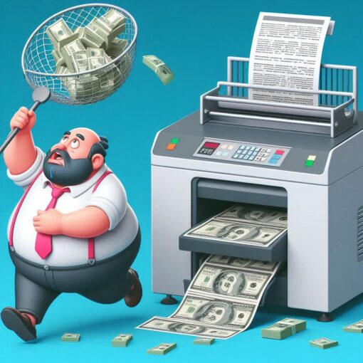 Fat Man Catching Money Next to a Machine That Prints Money