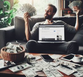 Man Creating a Website While Sitting on the Couch and Counting His Money