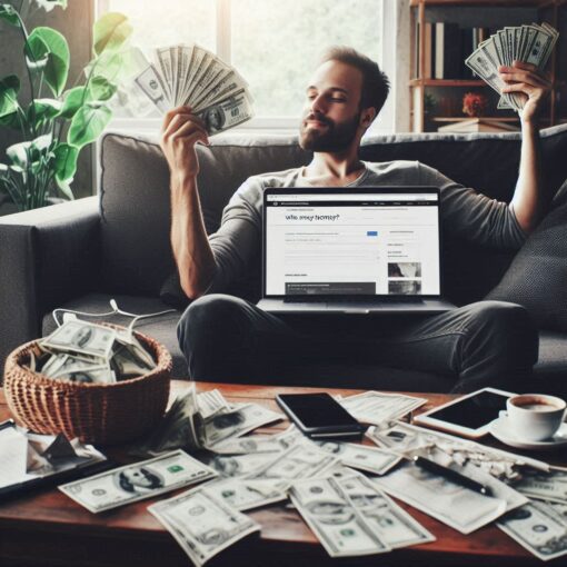 Man Creating a Website While Sitting on the Couch and Counting His Money