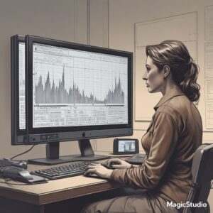 Man and Woman Staring at a Computer Monitor to See Statistics