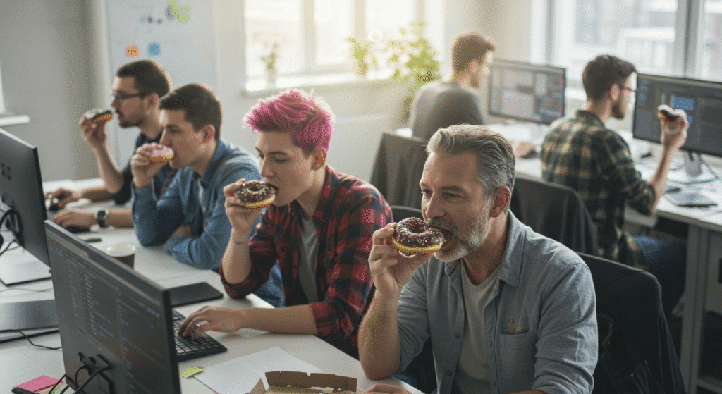 Webmasters Eating Donuts at Their Computers