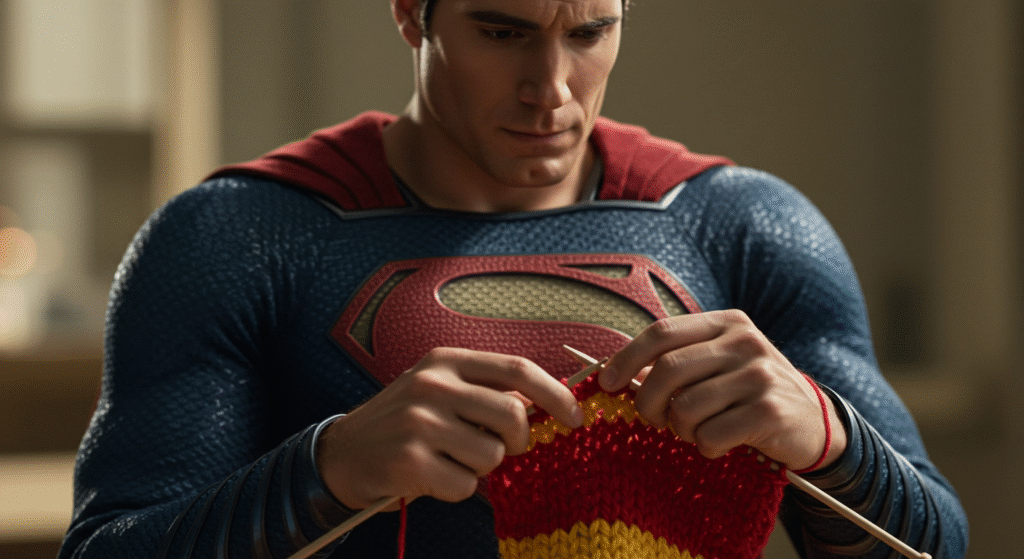 Superman Knitting a Scarf