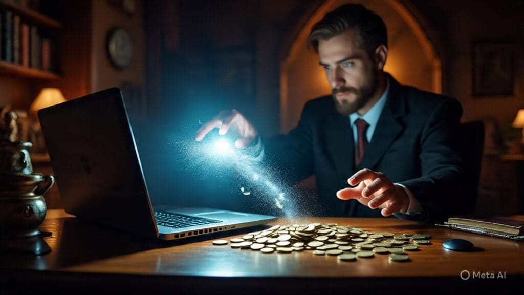 Magician Making Money from a Laptop Computer