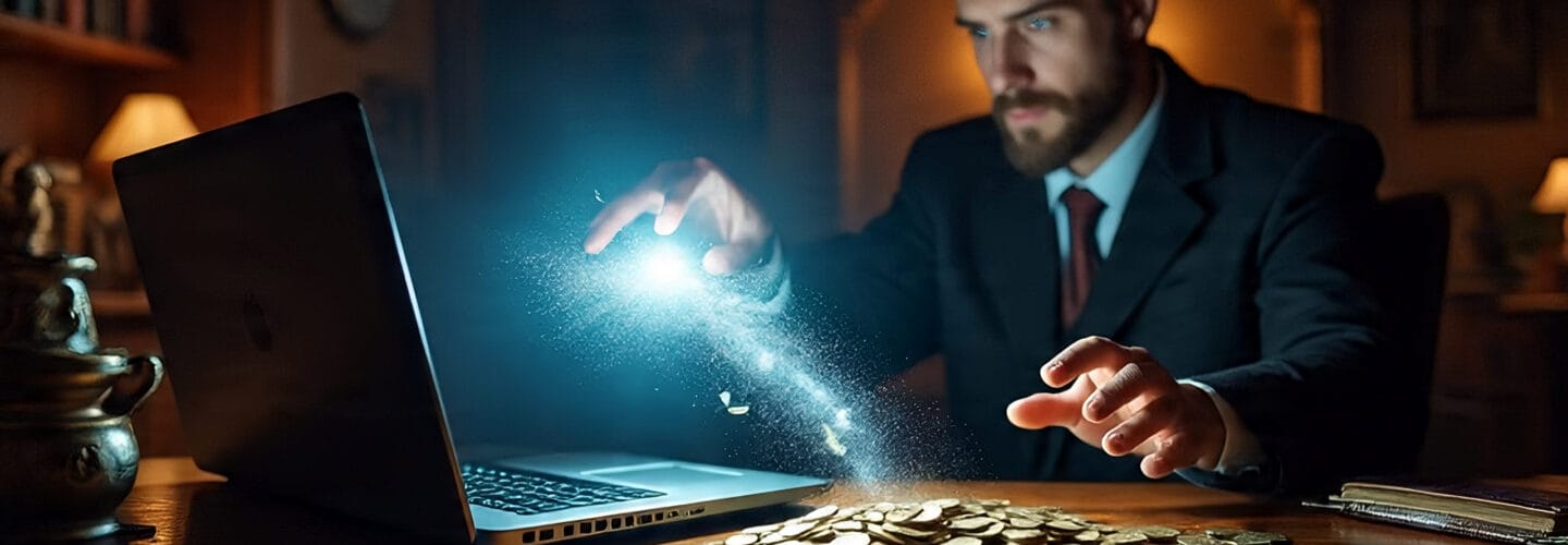 Magician Making Money from a Laptop Computer