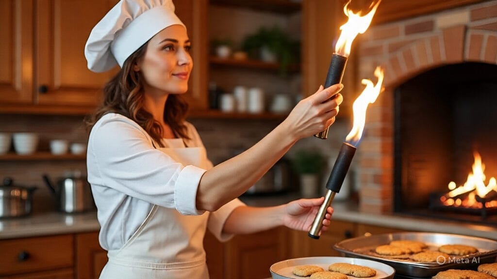 Woman Juggling Flaming Torches While Baking Cookies